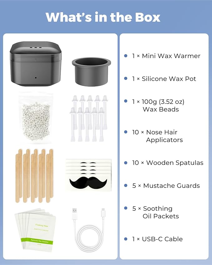 Nose Wax Kit with 100g Natural Resin Wax & 20 Sticks, Mini Nose Hair Wax Kit with Smart Temp Control, USB Fast Heat, 3-Min Hair Removal – Lasts 4–6 Weeks | For Nose & Ear, Up to 15 Uses