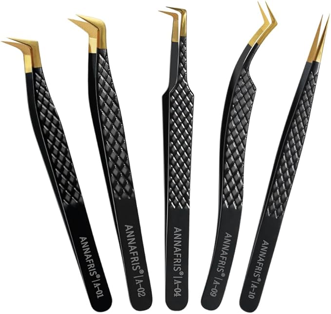 Lash Tweezers for Eyelash Extensions,Precision Fiber Tip for Volume Eyelash Extensions,Lash Extension Tweezers for Easy Application and Removal-A01+02+04+09+10