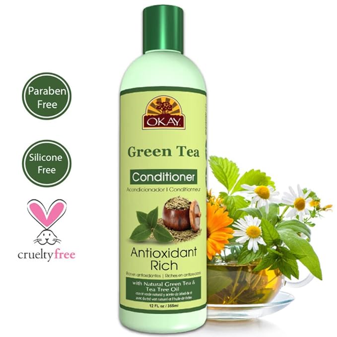 OKAY | Green Tea Nourishing Antioxidant Rich Conditioner | For All Hair Types & Textures | Revitalize - Rejuvenate - Restore | With Tea Tree Oil | Free of Paraben, Silicone, Sulfate | 12 oz , pale green
