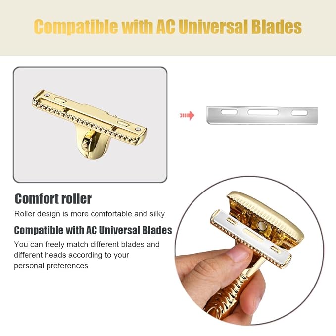 Single Blade Razors for Men and Women, Reusable Modular Safety Razor with Magnetic Head and Metal Non-Slip Grip, 10 Single Edge Razor Blades & Leather Case,Gold Whiskers