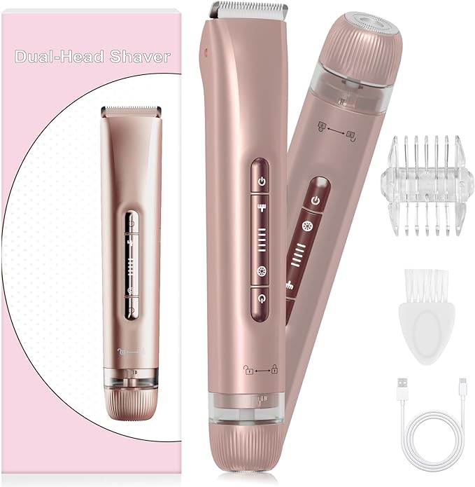 Bikini Trimmer for Women - 2025 New 2-in-1 Dual-Head Electric Shaver，Rechargeable Professional Painless Electric Razors, IPX7 Waterproof Body Hair Trimmer & Facial Hair Remover for Wet & Dry