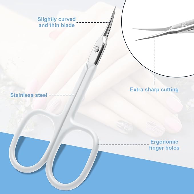 CGBE Cuticle Scissors Extra Fine Curved Blade, Super Slim Manicure Scissors for Cuticles Professional Small Scissors with Precise Pointed Tip Grooming Blades, Eyebrow, Eyelash, and Dry Skin - White