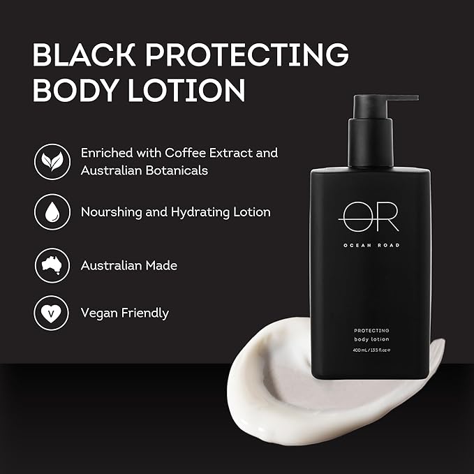 OCEAN ROAD Black Body Lotion 13.5 fl oz - Nourishing and Hydrating Lotion with Coffee Extract & Australian Botanicals – Vegan, Australian Made Skincare for Soft, Smooth, and Protected Skin