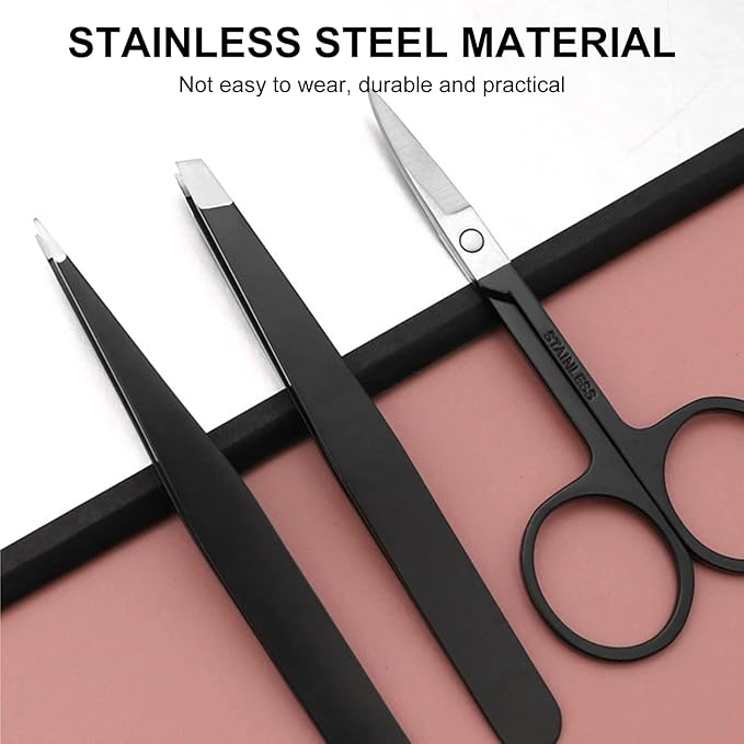 SetSail Professional 5-Piece Tweezers Set with Slant & Pointed Tips, Eyebrow Razor, Scissors, Spoolie - Black Stainless Steel Grooming Kit for Men & Women