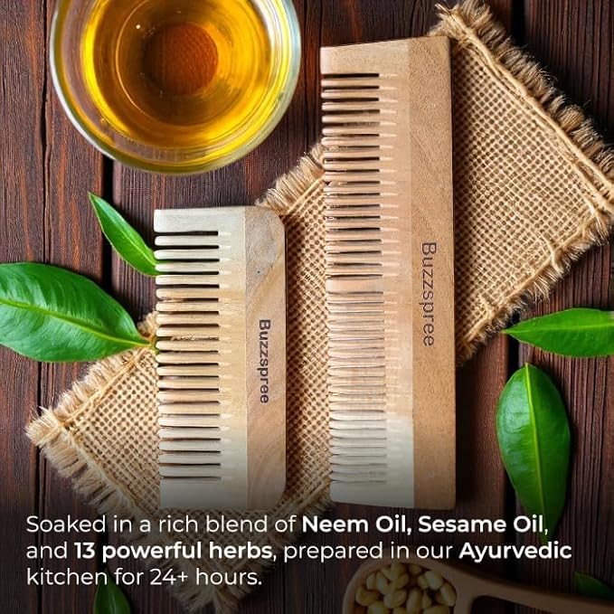 Natural Neem Wood Comb Set of 2 (Plain & Shampoo Lily) | Wide & Fine Tooth Wooden Hair Pick Comb Set for Men & Women | Eco-Friendly, Plastic-Free Wooden Combs for Daily Grooming | Curly & Texted