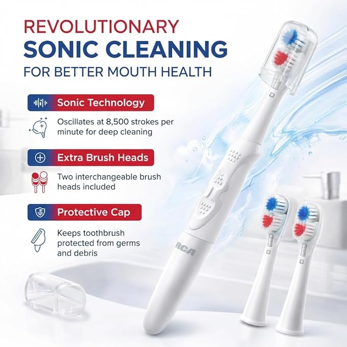 RCA Sonic Revolution Electric Toothbrush for Adults – Battery Powered Sonic Toothbrush with High-Frequency Vibration, Spin Brush Action, Soft Bristles & Extra Brush Heads
