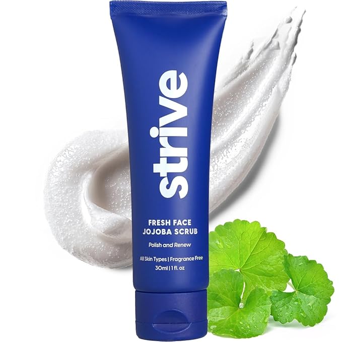 Strive - Fresh Face Jojoba Scrub - Mens Face Scrub, Fragrance Free, Smooth, Clear Skin, Refreshing with Aloe Vera, Centella Asiatica, Hyaluronic Acid & Niacinamide - For All Skin Types - 30 ML