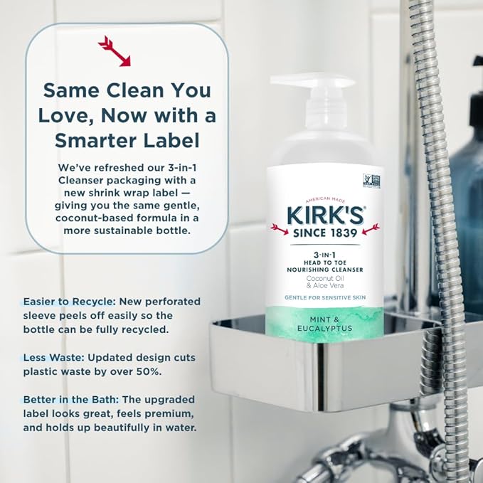 Kirk's 3-in-1 Head to Toe Nourishing Liquid Cleanser - for Men, Women, & Children - Premium Coconut Oil & Aloe Vera - Non GMO & Vegan - Mint and Eucalyptus - 32 Fl Oz.