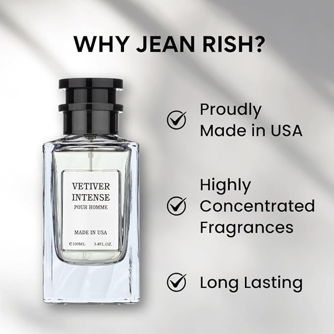 Jean Rish Vetiver Intense Perfume for Men Eau De Parfum, Long-Lasting Luxury Fragrance, Made In USA - Lemon, Mint, Bergamot, Ginger, Sandalwood Scent - 100ml / 3.4 oz