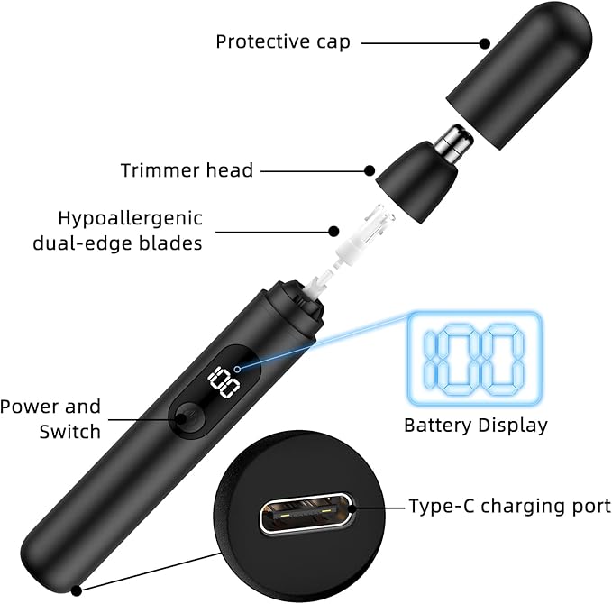 Smity Nose Hair Trimmer, Rechargeable Cordless Painless Ear Eyebrow Trimming Tool Dual Edge Blades Razor Easy Cleansing with LED Light for Man Woman (Black)