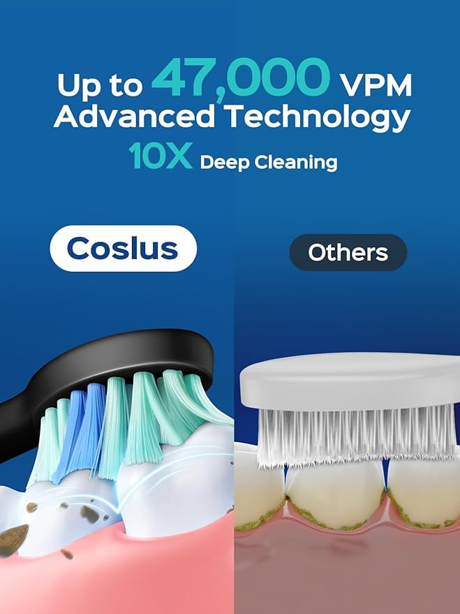 COSLUS C40 Sonic Electric Toothbrush for Adults: 47000 VPM for Deep Cleaning & Whitening with Travel Case - 5 Modes for Sensitive Teeth & Braces, Wireless Charging, 6 Brush Heads, Black & Pink (2PCS)