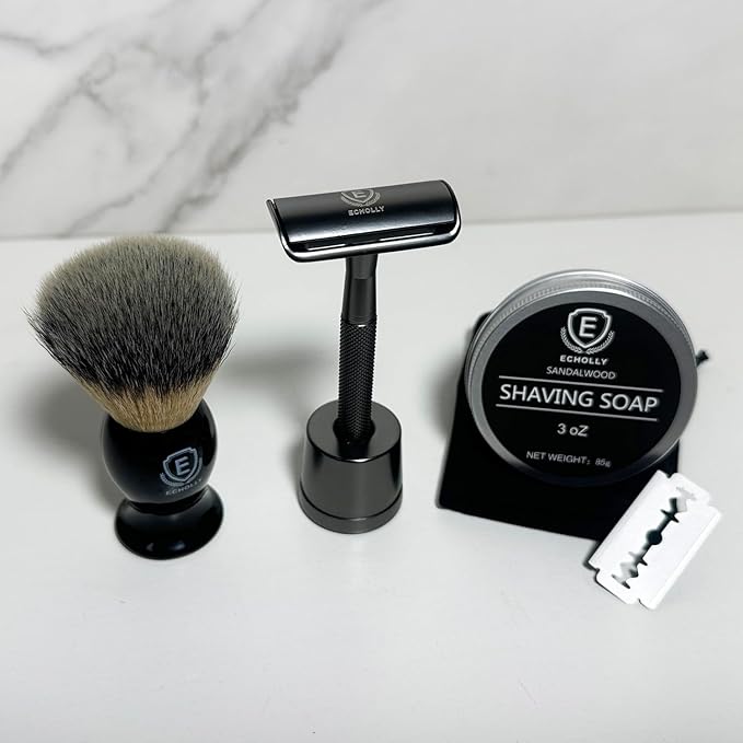 Wet shaving kit Men's Travel - Essential Shaving Brush Set - with Shaving Brush, Sandalwood Scented Shave Soap, High - Quality Zinc-Alloy Razor, Travel Bag & Gift Box