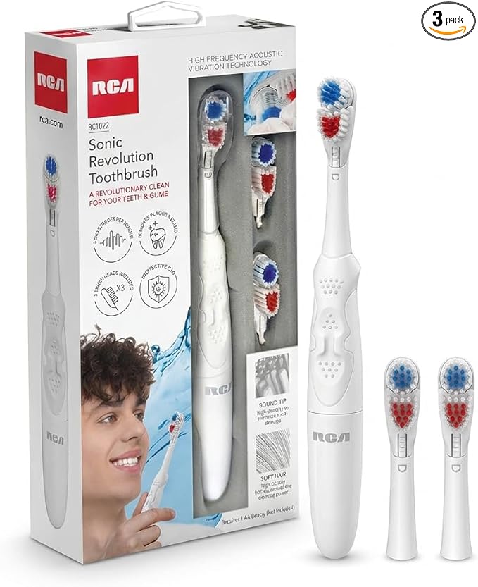 RCA Sonic Revolution Electric Toothbrush for Adults – Battery Powered Sonic Toothbrush with High-Frequency Vibration, Spin Brush Action, Soft Bristles & Extra Brush Heads