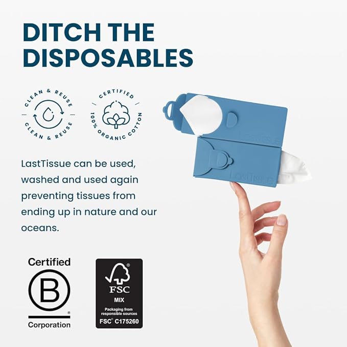 LastTissue® Reusable Cotton Tissue Pack | Face Towels & Handkerchiefs for Men & Women – Washable, Sustainable Facial Tissue with Storage Case - Blue