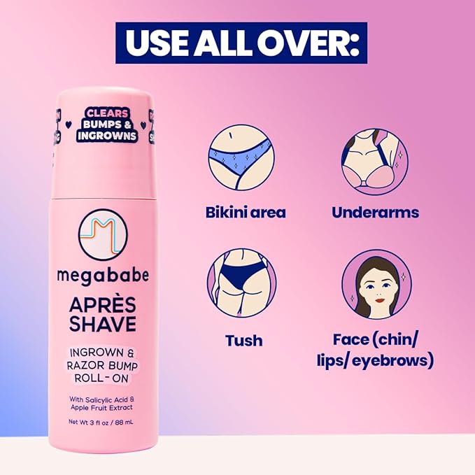 Megababe Après Shave | Post-Shave & Waxing | Ingrown Hair & Razor Bump Roll-On Treatment for Women | Bikini, Armpits & Legs (3.0 fl oz)