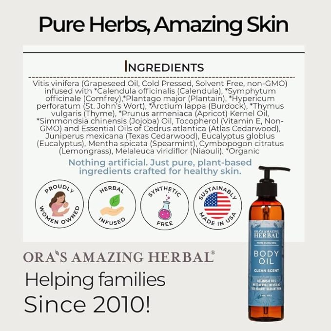 Ora's Amazing Herbal Moisturizing Skin Oil with Eucalyptus & Lemongrass Essential Oils, Body Hydration for Dry Skin, Massage Oil, Body Oils for Men and Women, Natural Skin Care, 2 oz Travel Size
