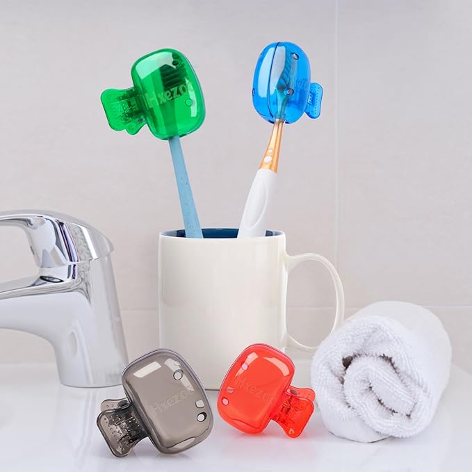 Hxezoc 4 Pack Travel Toothbrush Head Covers Toothbrush Protector Cap Brush Pod Case Protective Portable Plastic Clip for Household Travel, Camping, Bathroom, School, Business