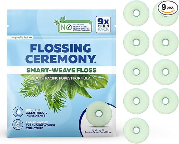 | Expanding Woven Dental Floss | Smart-Weave Floss | Vegan | Natural | Non-Toxic & PFAS Free | Eucalyptus & Manuka | Hilo Dental para Dientes | 55 Yards x 9 Units (Refills Only)