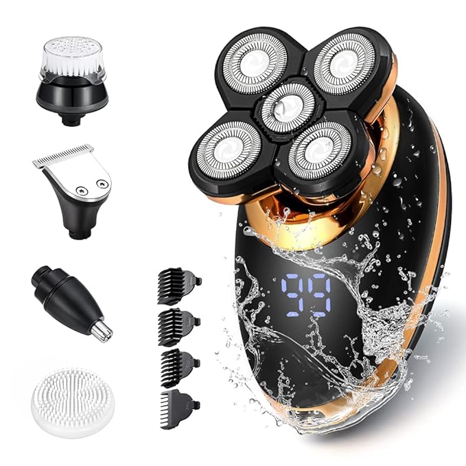 Electric Shavers for Men - 5 in 1 Bald Head Shavers for Men, 5D Floating Cordless USB Rechargeable Rotary Razor Multifunctional Grooming Kit Beard Trimmer Waterproof Wet and Dry with LED Display