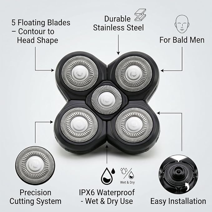 5D Head Shavers Replacement Blades, Electric Head Shavers for Bald Men Replacement Heads, 5 Blades Floating Rotary Shavers Heads Compatible, Men's Head Shaver Blade, Wet & Dry Washable
