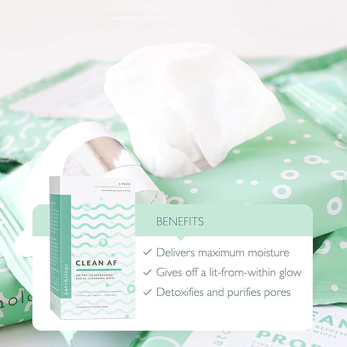 Patchology Clean AF Facial Cleansing Wipes - On-The-Go Refreshing Travel Size Face Wipes for Removing Dirt and Oil - Makeup Remover for Sensitive and Oily Skin (1 pack/15 sheets)