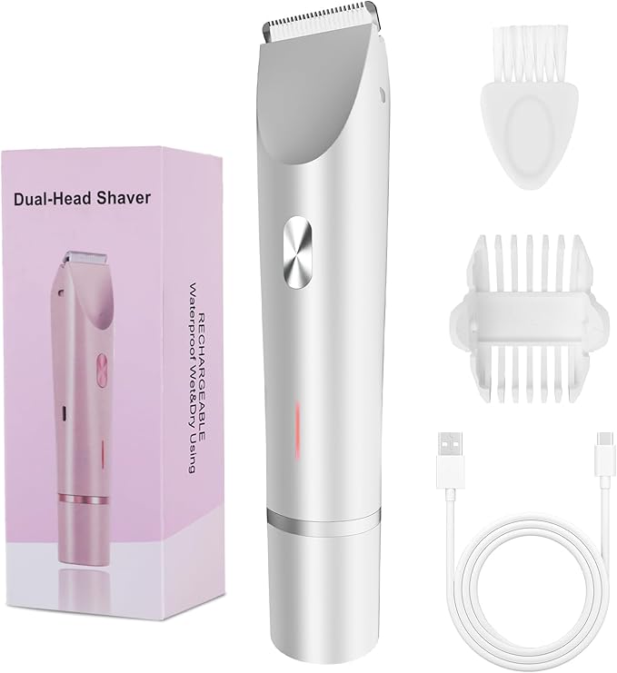 2-in-1 Bikini Trimmer for Women, Bikini Shaver with Dual Heads, Body and Facial Hair Removal, Rechargeable Cordless Electric Razors for Face Chin Pubic Underarm Legs, IPX7 Waterproof, White