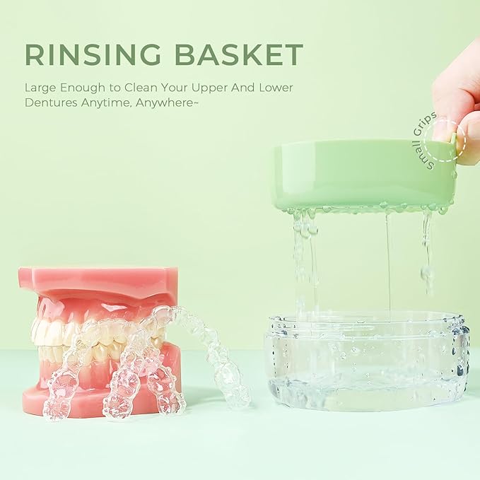 2-in-1 Retainer Cleaner Case with Mirror & Strainer, Portable Aligner Bath Soaking Cup for Travel, Cute Orthodontic Storage Box for Mouth Guard, Night Guard & False Teeth, Green