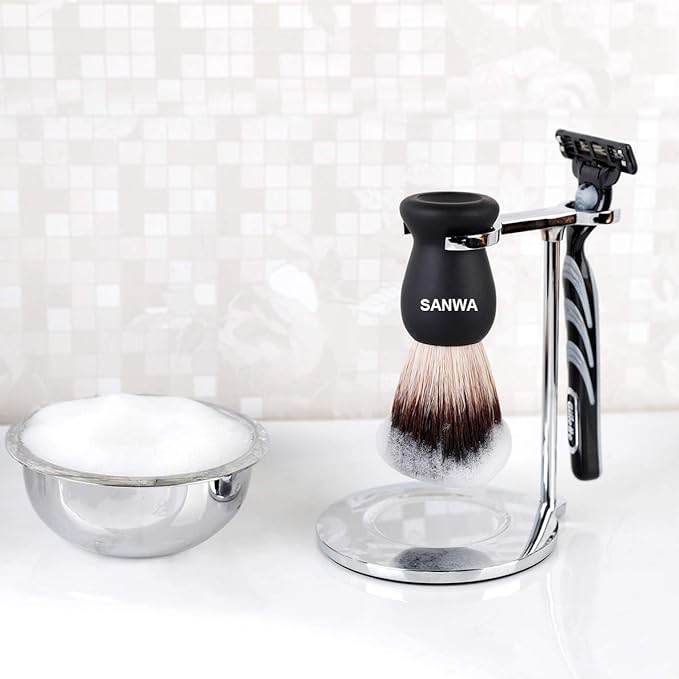 SANWA Deluxe Heavyweight Shaving Brush Razor Stand with Unbreakable Stainless Steel Shaving Bowl Set,Compatible with Gillette Fusion and Double Edge Safety Razor,Cartridge Razor