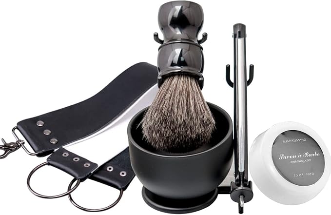 Grandslam Shaving Straight Razor Kit, Steel Cutthroat Straight Razor With Leather Strop, Shaving Brush, Stainless Steel Shaving Bowl and Stand, Shaving Soap, Gift for Men, Black…