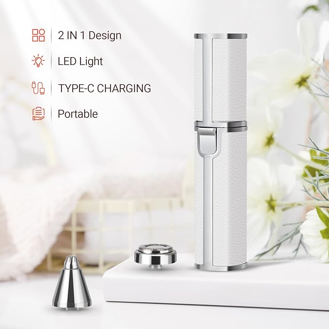 Facial Hair Removal for Women: 2-in-1 Rechargeable Nose Hair & Eyebrow Trimmer, Face Shaver with Built-in LED Light for Removing Chin, Upper and Lower Lip Area Peach Fuzz