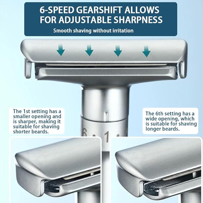 6-speed adjustable dual-blade safety razor with 10 platinum-coated stainless steel blades. Includes optional stand. Comes with complimentary travel pouch. (Silver + base + holster)