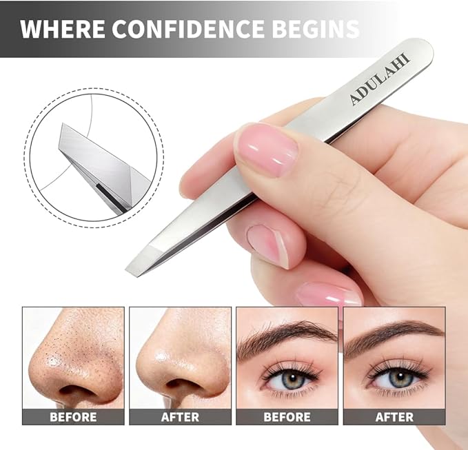 Professional Slant Tweezers for Eyebrows & Facial Hair - Precise Aligned Stainless Steel Remover with Storage Case