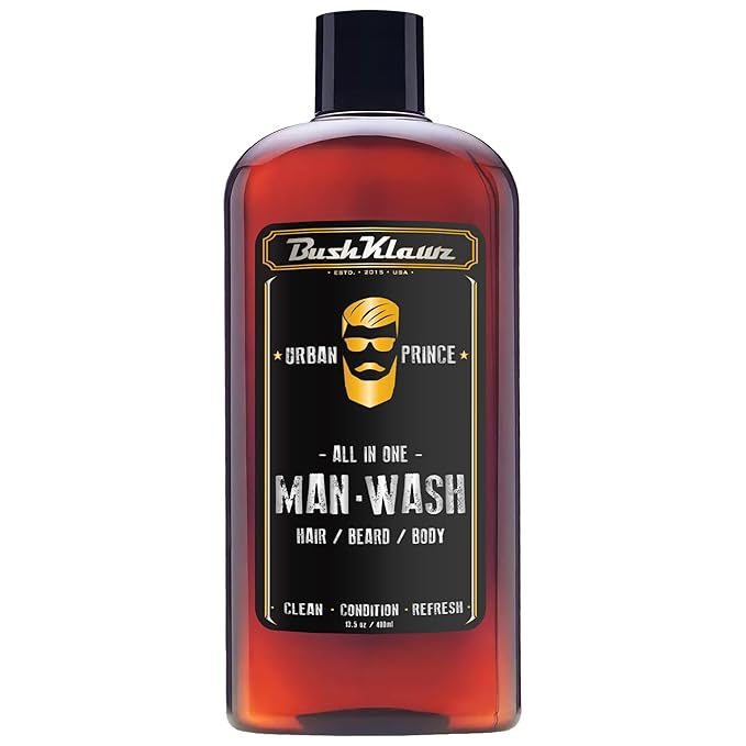 BushKlawz URBAN PRINCE MAN WASH Men’s Original All in One 3-in-1 Shampoo Conditioner Hair Beard Body Wash Man Made American Viking Crew Cannon Wash with Bulldog Duke PH Ballwash