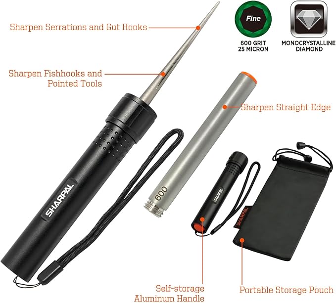 SHARPAL 178N 3-In-1 Blade Sharpener | 4-Inch 600 Grit Diamond Sharpening Rod | Sharpen All Knife and Tool with Straight Edge, Serration & Hooks | Pocket Knife Sharpener | Durable Aluminum Handle