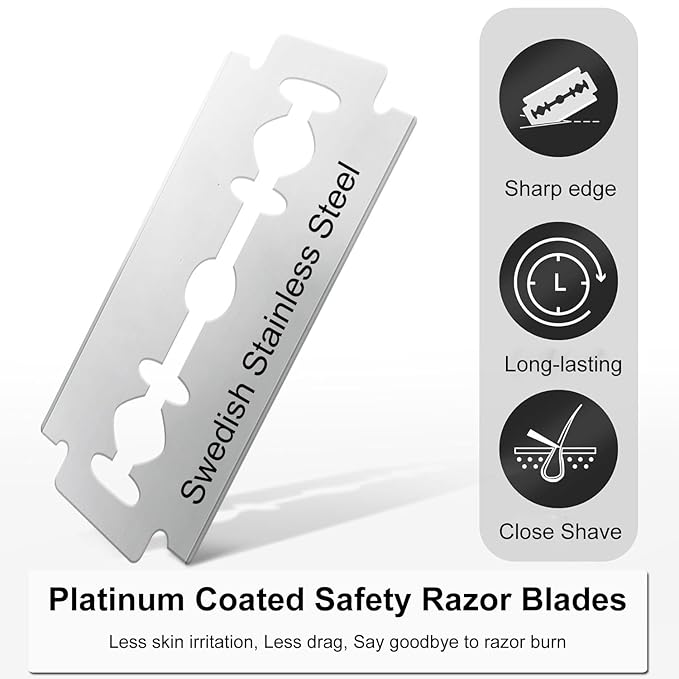 50 Count Safety Razor Blades, Platinum Coated Swedish Stainless Steel Double Edge Razor Blades for Men and Women Shaving, Fits All Standard Double Edge Razors, Smooth, Comfortable, Clean Shave
