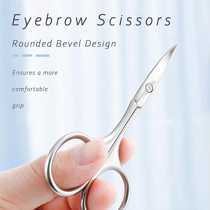 2 Pack Facial Hair Grooming Scissors for Men Women, Eyebrow, Nose Hair, Mustache, Beard, Eyelashes, Ear Trimming Kit - Curved and Rounded Safety Tip Clippers - Silver
