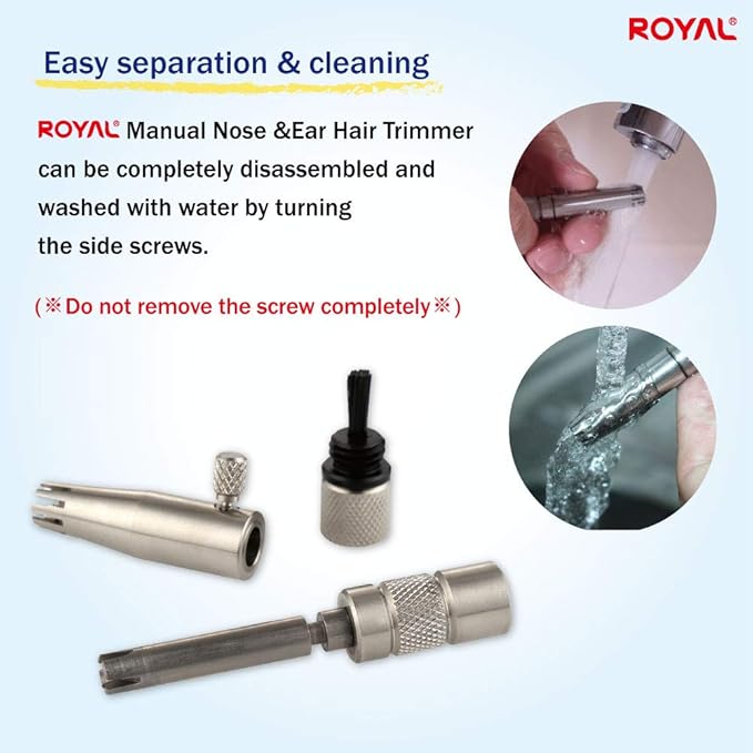 ROYAL [Made in Korea] Premium Manual Nose Hair Trimmer for Men Silver Bullet, Battery-Free, Stainless Steel Rotary Blade Grooming Tool, Waterproof, Safe & Painless with Patented Mechanism, ET-3