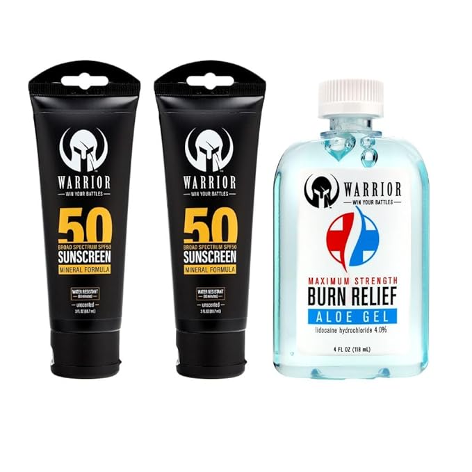 WARRIOR - WIN YOUR BATTLES - SPF 50 Sunscreen Lotion - 80 Minutes Water Resistant | Burn Relief Gel for Skin Made in USA Aloe with Aloe Vera Gel with Lidocaine 4% | 3 Fl Oz - Pack of 2 and 4 FL OZ