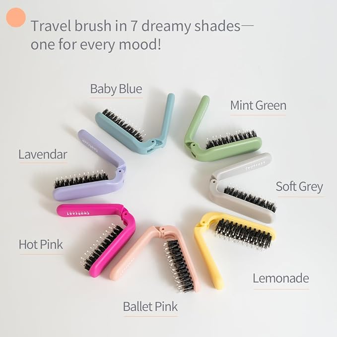 Uffy MiniPop Travel Hair Brush – Mini Folding Boar Bristles for Women, Men & Kids | Kid-Friendly Portable Purse Brush for Wet & Dry Hair, Curly or Straight | Pocket-Size Detangler – Soft Grey