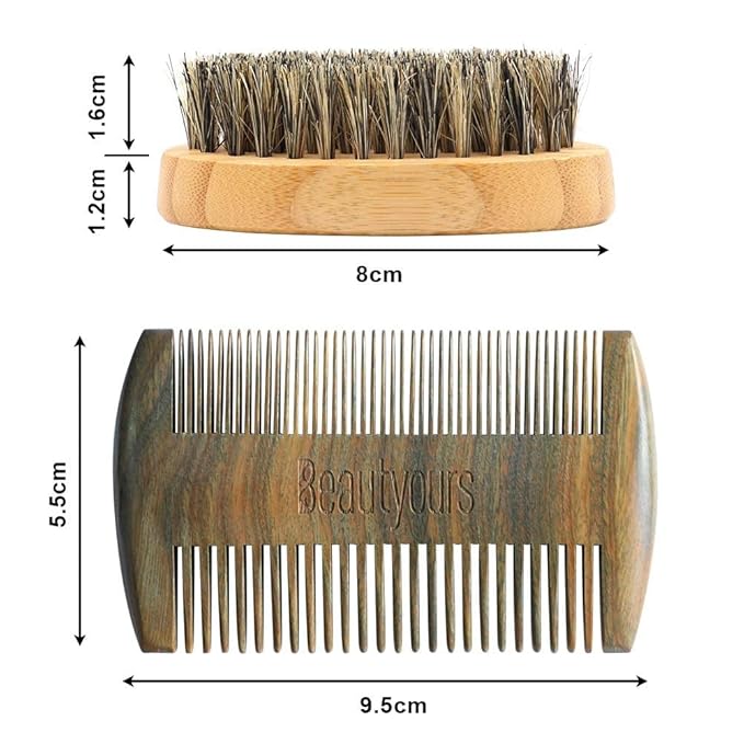 Beard Brush Kit Boar Bristle Brush and Sandalwood Comb with Storage Bag for Men, Fine & Coarse Teeth Dual Brush for Mustache Anti-Static