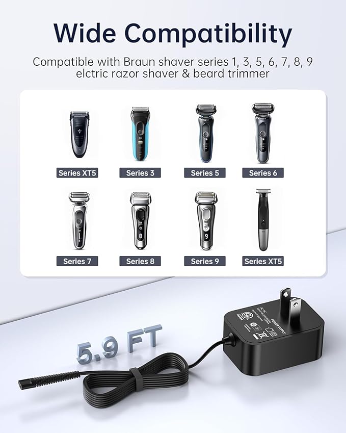 WUKUR 12V Charger Compatible with Braun Shaver Series 3/7/5/1/9, Charging Cord for Braun Electric Razor Shaver Trimmer 3040s, 310s, 340S, 5190cc, 5040s, 740S, 7865, 9290cc, 9095cc Replacement Adapter