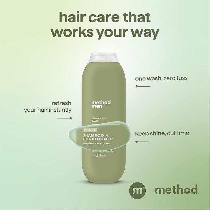 Method Men 2-in-1 Shampoo and Conditioner, Juniper + Sage - Cleans and Conditions in One Step with a Herbaceous Scent - Paraben free, and Silicone Free - 14 Fl Oz, Pack of 3