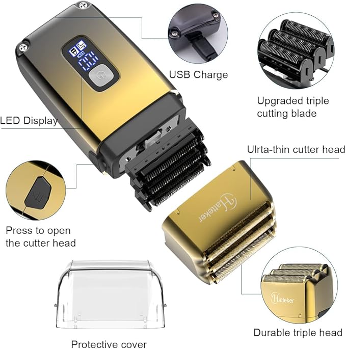 Hatteker Foil Head Shaver Triple Blades Electric Shaver Razor for Men Close Bald Head Barber Trimmer Waterproof Wet & Dry, Cordless, Gold
