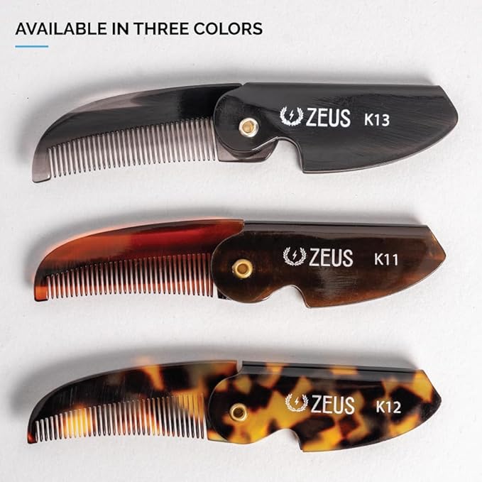 ZEUS Folding Mustache Comb for Men, Handmade Saw-Cut Pocket Comb for Men’s Beard & Moustache Grooming, Compact & Travel Friendly (Black) 3 PACK