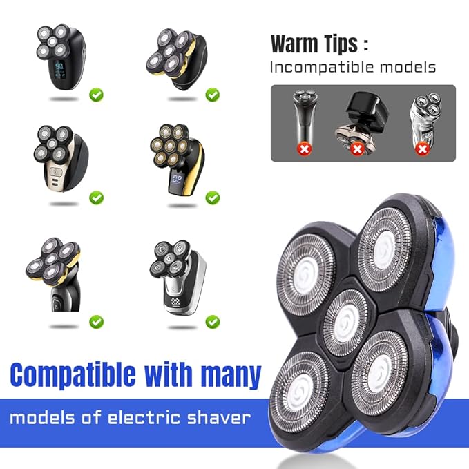 Shaver Blade Replacement Heads, 5 Beard Cutter Blades for Electric Razor, Easy Install for Head and Face (Blue)