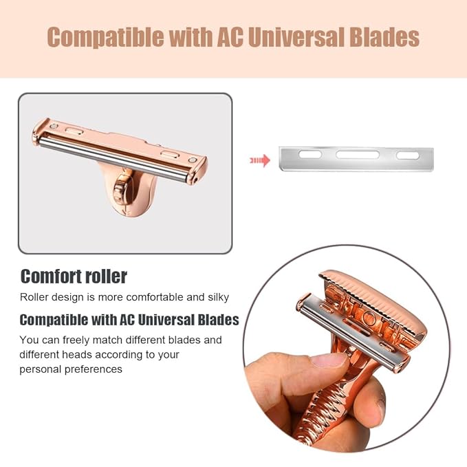 Single Blade Razors for Men and Women, Reusable Modular Safety Razor with Magnetic Head and Metal Non-Slip Grip, 10 Single Edge Razor Blades & Leather Case,Rose Gold Roller
