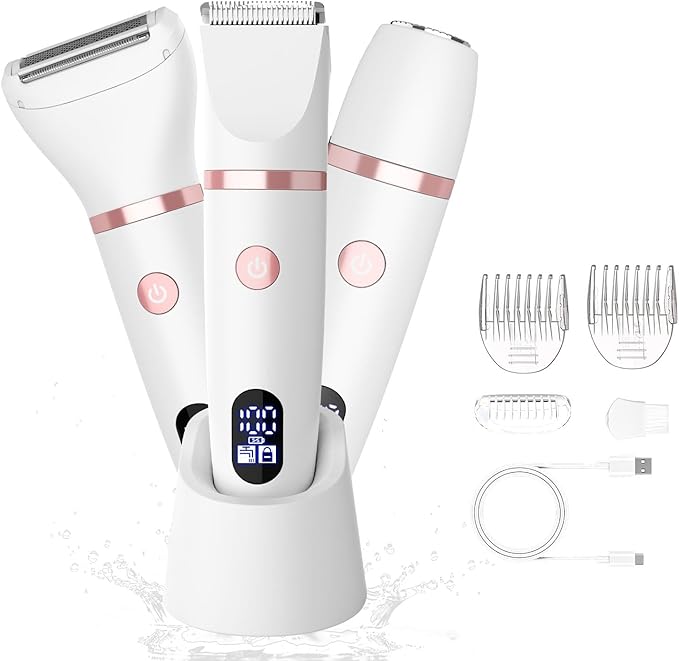 3-in-1 Electric Razor IPX7 Waterproof Bikini Trimmer Wet & Dry Use Painless Personal Trimmer Groomer for Ladies Face Body Legs Bikini Public Hairs Electric Lady Shaver with Replaceable Heads