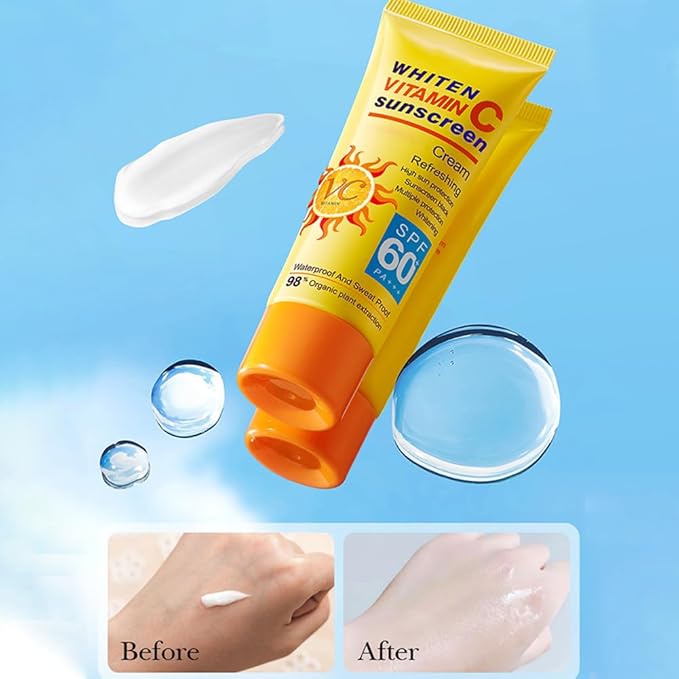 Vitamin C Sunscreen Lotions,2 Pcs Daily Moisturizer Sunscreen Cream for Face and Body,Women Men Waterproof Sweatproof Refreshing Non-greasy Sun Protection Cream,Facial Sunblock (orange)