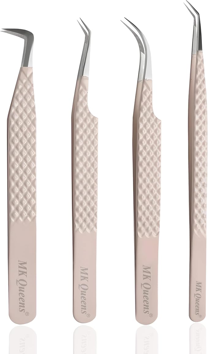 Lash Tweezers - Stainless Steel Fiber Tip Eyelash Tweezers (Set of 4) - Diamond Grip Professional Lash Tweezers for Eyelash Extensions (Beige)