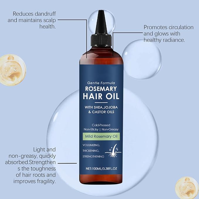 100ml Rosemary Hair Growth Oil - Scalp Care & Hair Repair Treatment with Jojoba & Castor Oils for Dry, Damaged Hair - Reduces Split Ends & Frizz